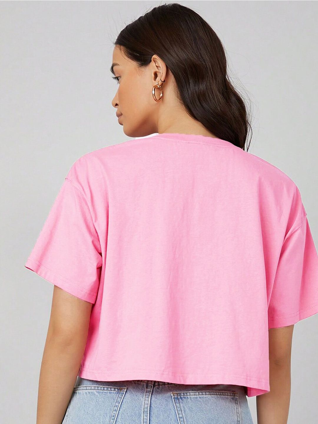 Kotty Pink Typography Printed Drop-Shoulder Sleeves Cotton Oversized Crop T-shirt