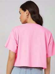 Kotty Pink Typography Printed Drop-Shoulder Sleeves Cotton Oversized Crop T-shirt