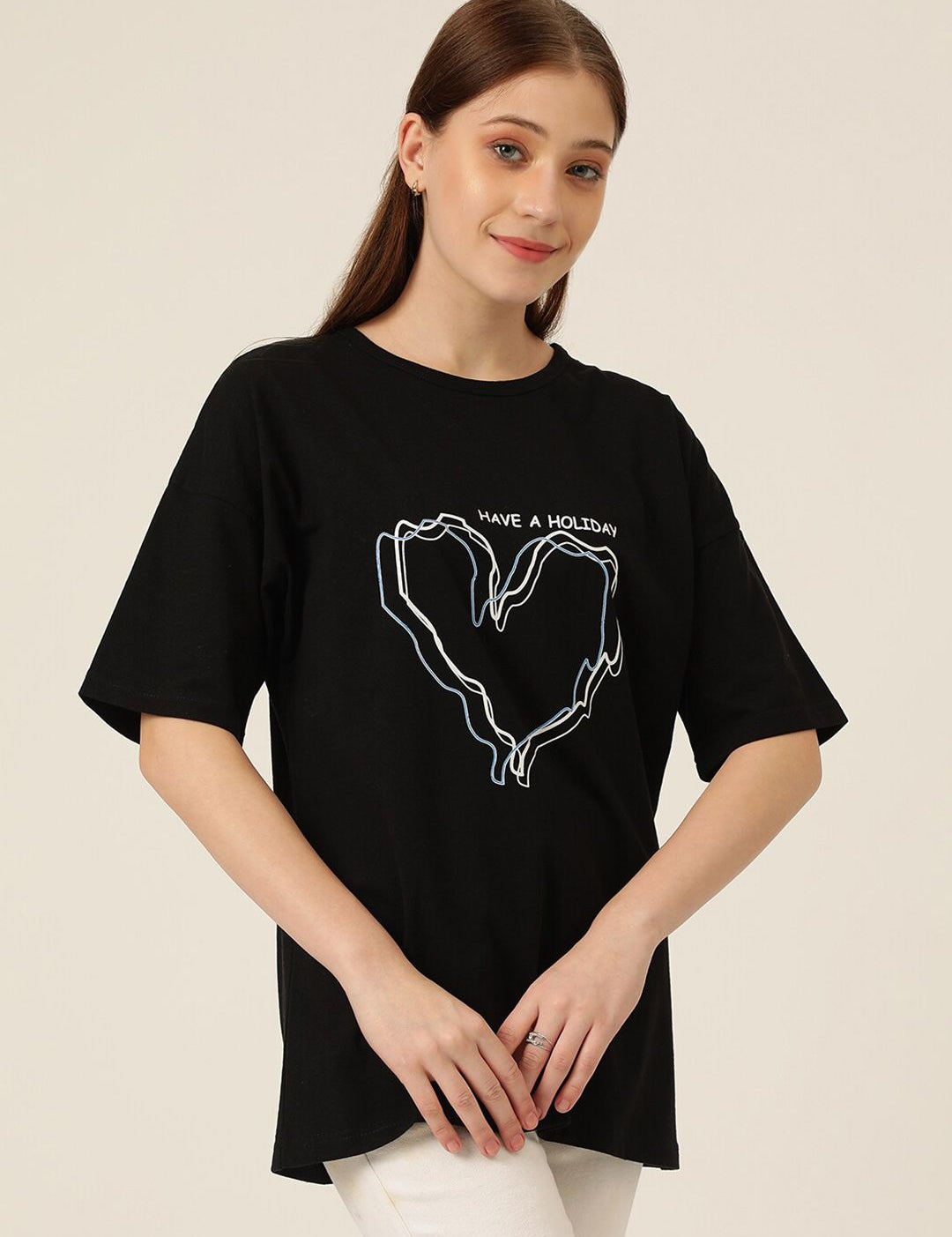 KOTTY Basics Graphic Printed Round Neck Drop-Shoulder Sleeves Oversized T-shirt