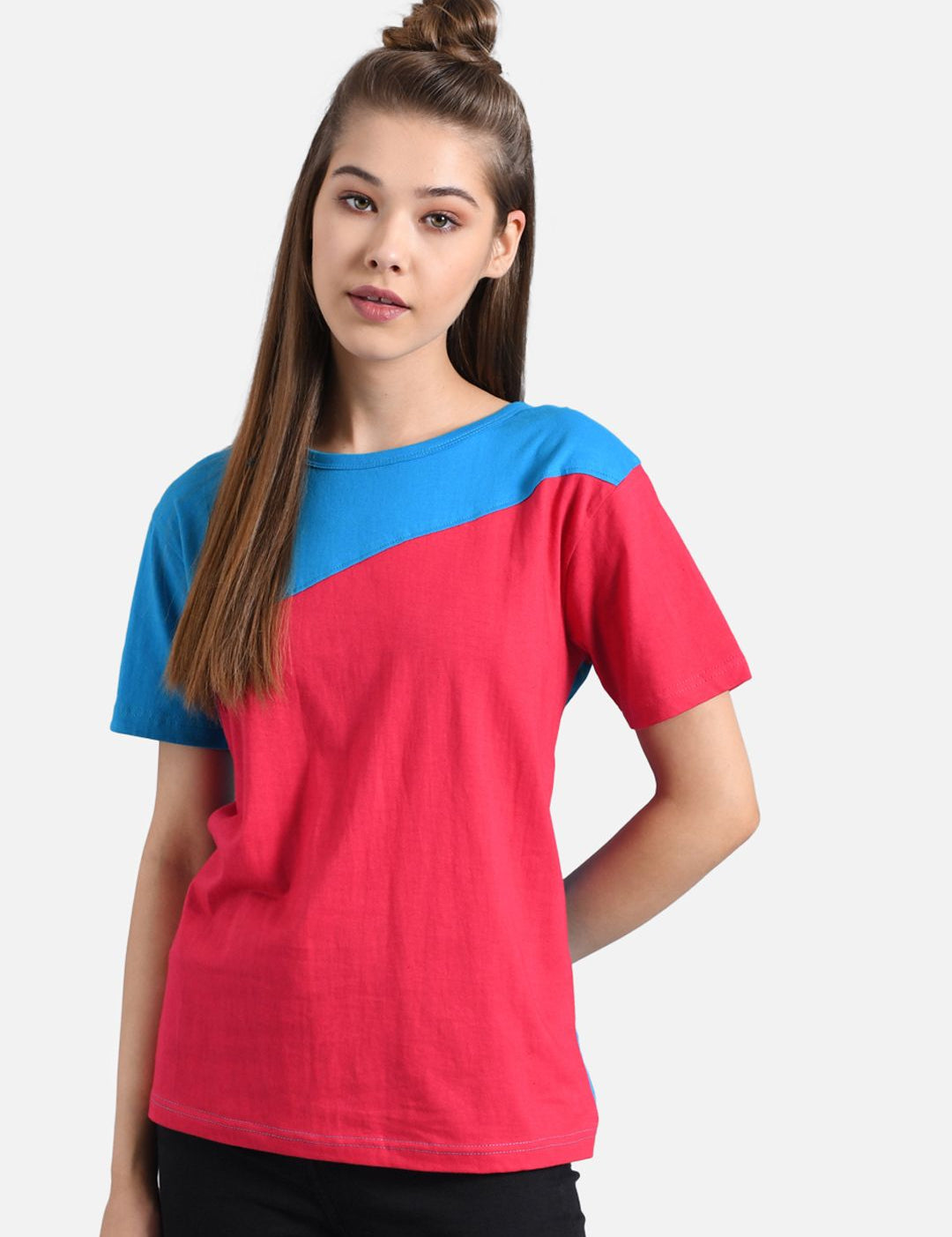 Kotty Women Blue Colourblocked Round Neck T-shirt