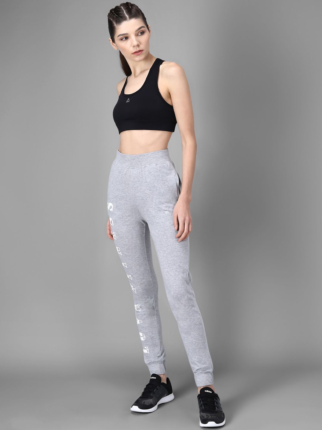 Kotty Women Grey Melange & White Printed Joggers