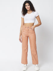 Kotty Women Beige Relaxed Straight Fit PU Leather Parallel Trousers