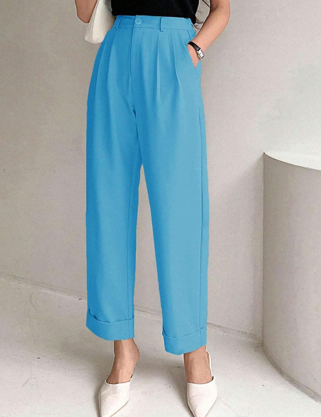 KOTTY BIZwear Women Relaxed Straight Leg Straight Fit High-Rise Cotton Pleated Trousers