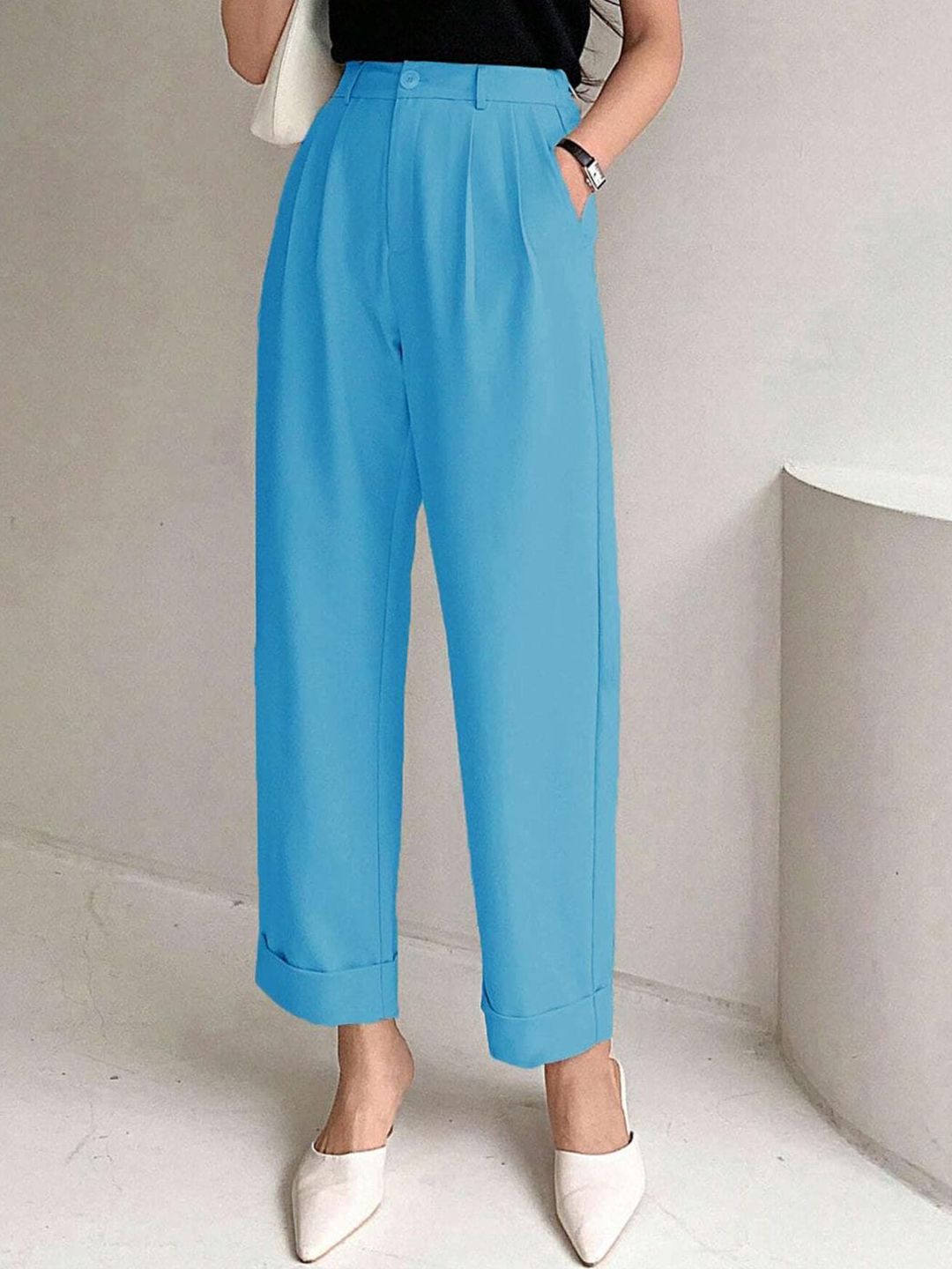 KOTTY BIZwear Women Relaxed Straight Leg Straight Fit High-Rise Cotton Pleated Trousers