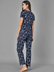 Kotty Women Blue & White Printed Night Suit