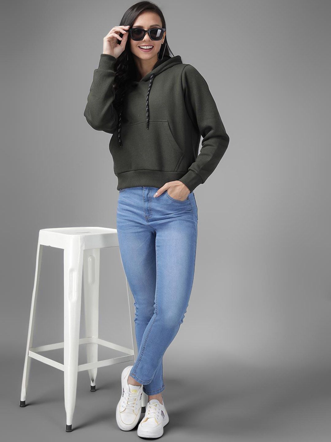 Kotty Women Olive Green Solid Hooded Sweatshirt