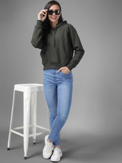 Kotty Women Olive Green Solid Hooded Sweatshirt