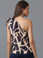 Kotty Black Abstract Printed One Shoulder Crepe Top