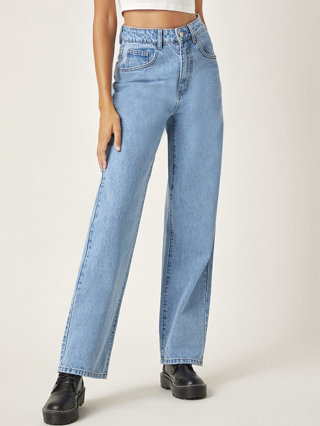 KOTTY Basics Women Jean Straight Fit High-Rise Clean Look Heavy Fade Stretchable Cotton Jeans