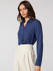 Kotty Navy Blue Modern Spread Collar Casual Shirt