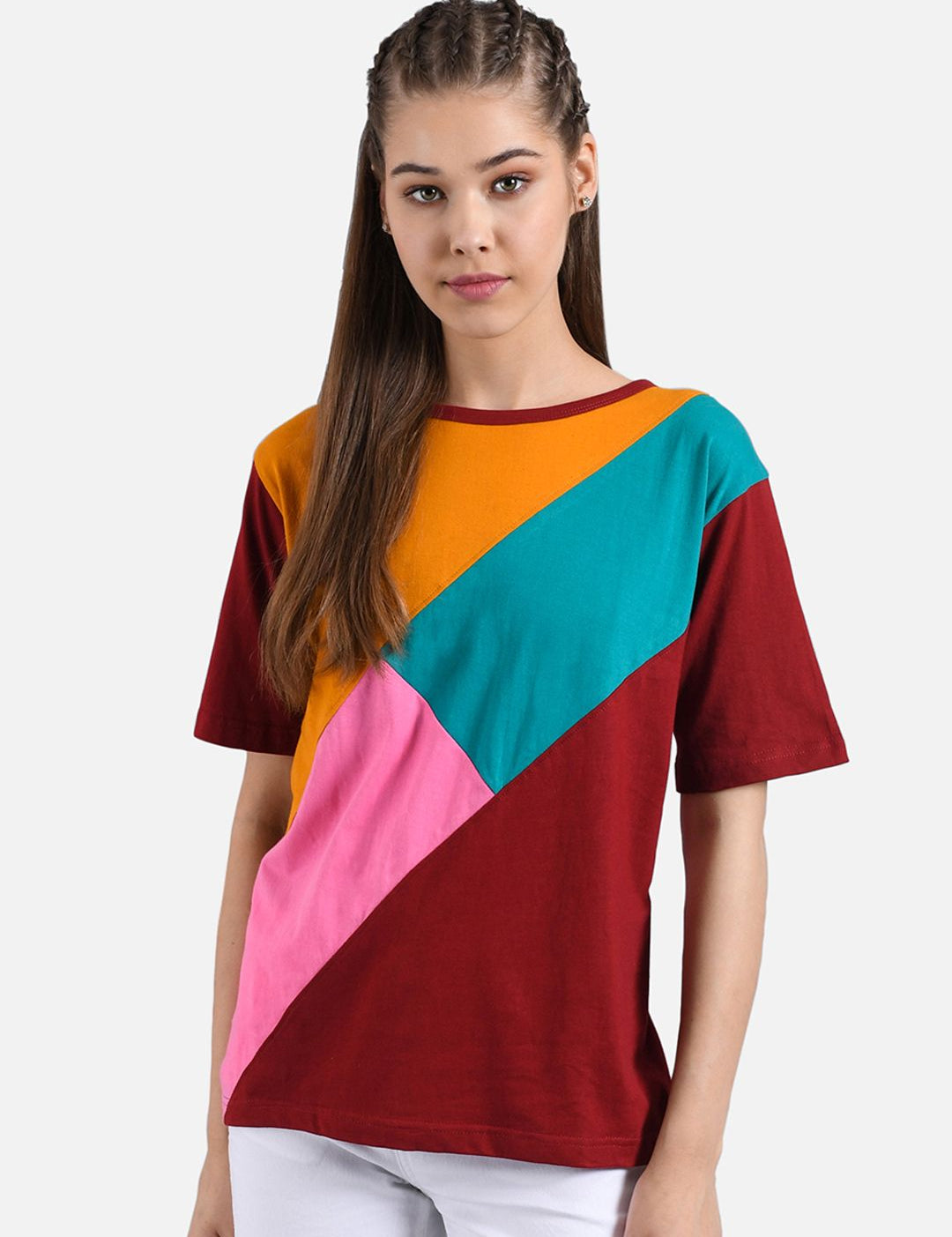 Kotty Women Multicoloured Colourblocked V-Neck T-shirt