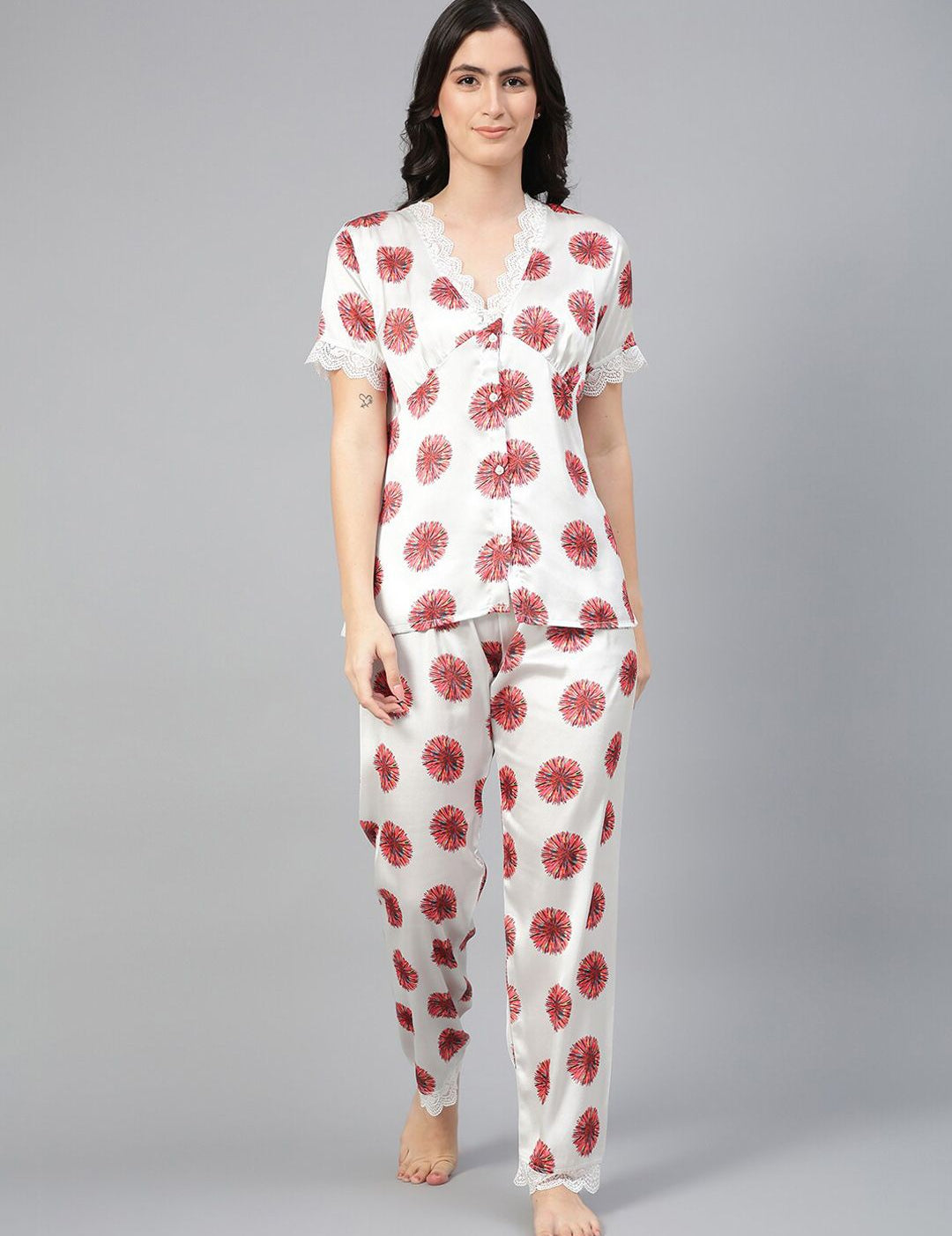 Kotty White & Red Floral Printed Satin Night Suit