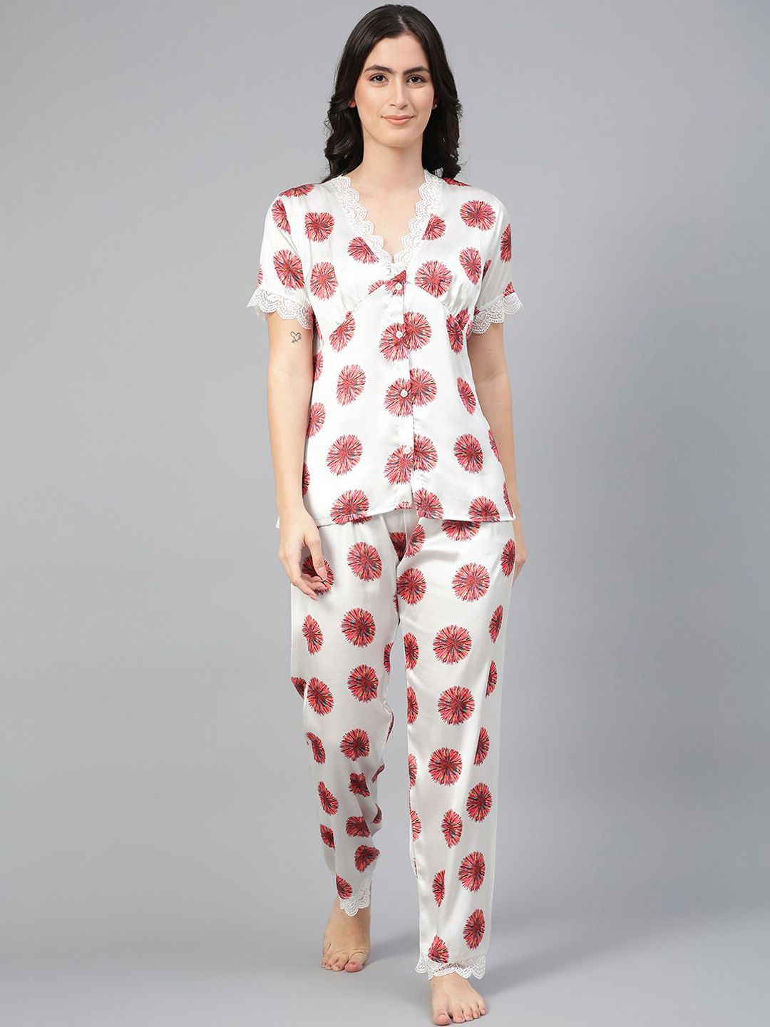 Kotty White & Red Floral Printed Satin Night Suit
