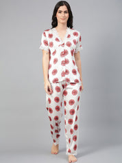Kotty White & Red Floral Printed Satin Night Suit