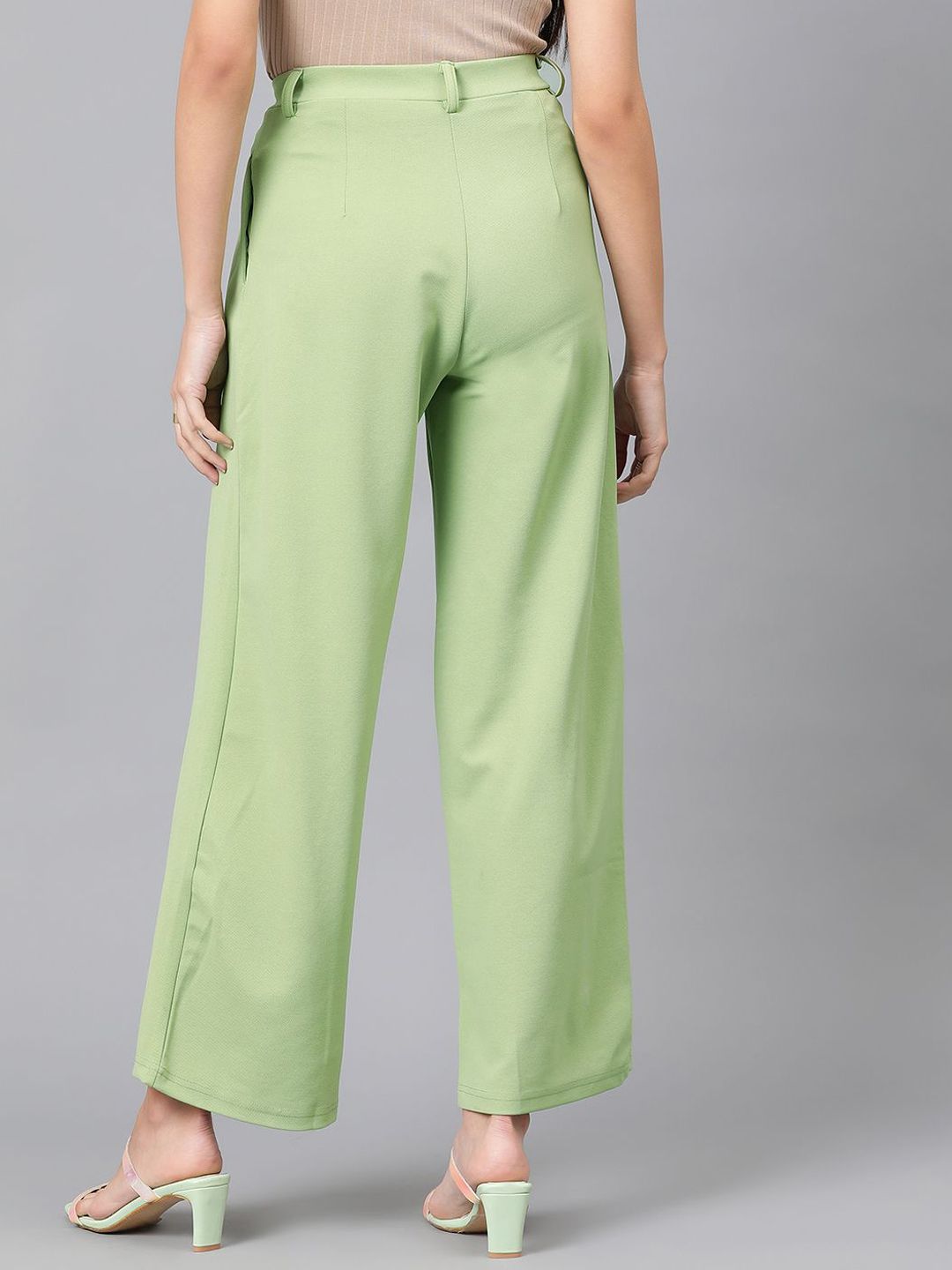 Kotty Women Green High-Rise Easy Wash Pleated Parallel Trousers