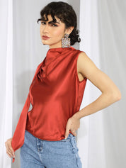 Kotty Red High Neck Sleeveless Pleated Detail Satin Top