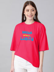 Kotty Pink & Blue Typography Printed Drop Shoulder Sleeves Oversized Casual T-Shirt
