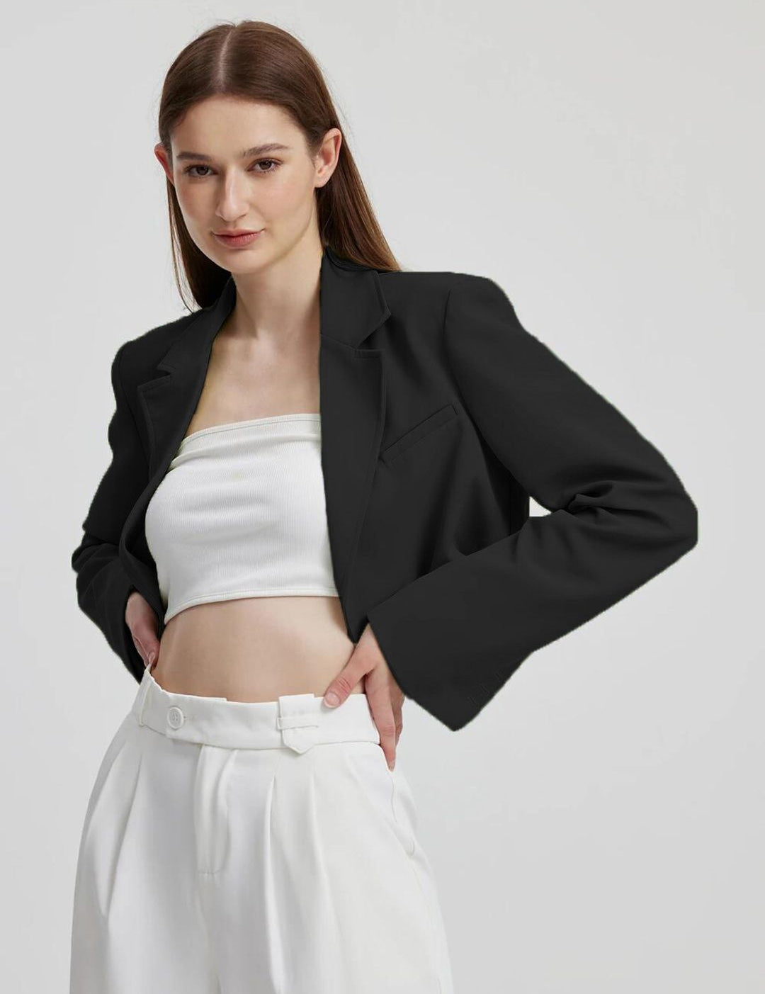 Kotty Black Crop Notched Lapel Collar Regular Fit Blazer