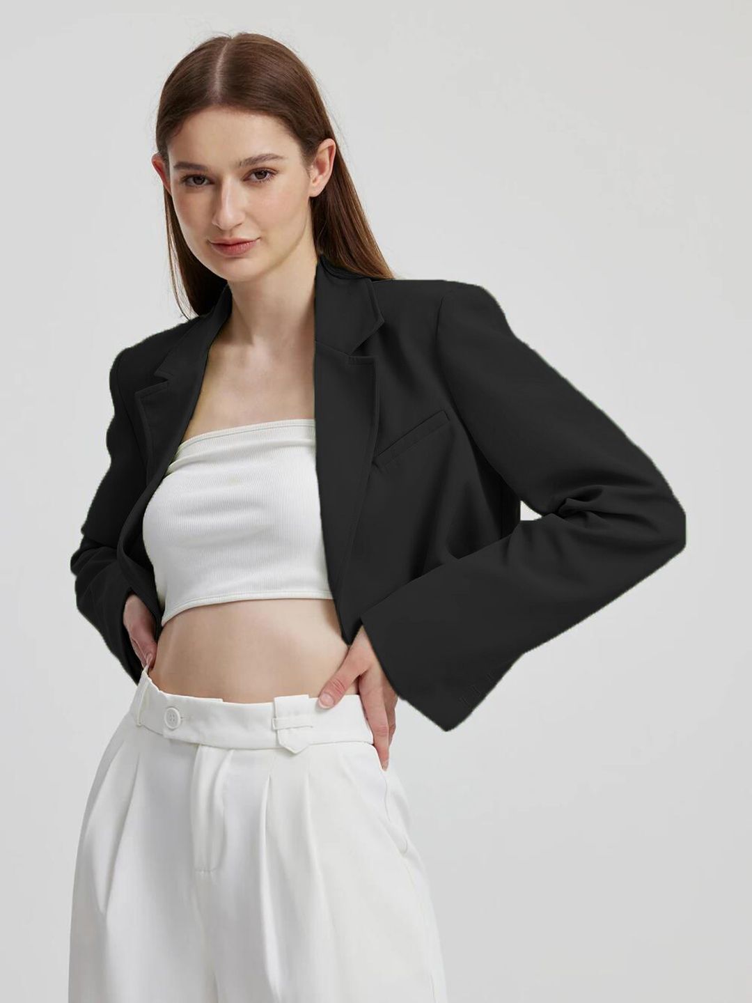 Kotty Black Crop Notched Lapel Collar Regular Fit Blazer
