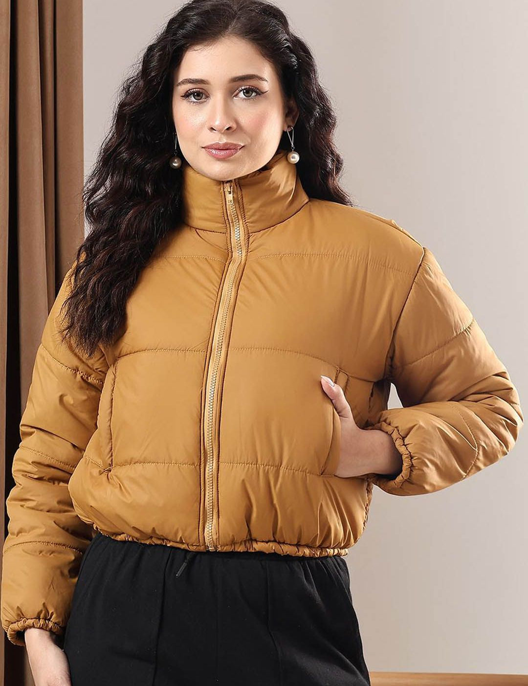 Kotty Women Mock Collar Solid Casual Puffer Insulator Jacket