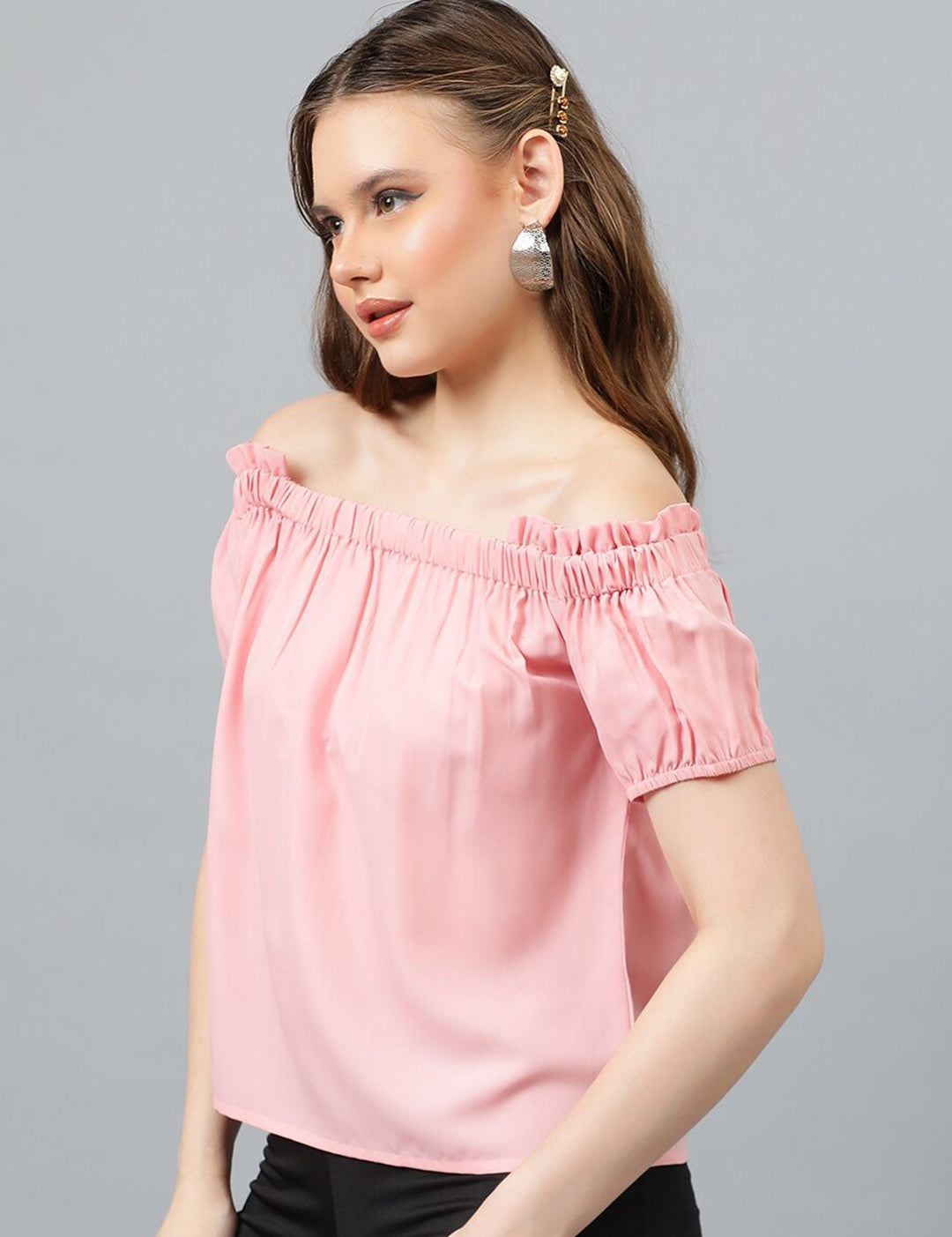 Kotty Pink Off-Shoulder Puff Sleeves Bardot Top