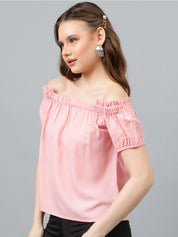 Kotty Pink Off-Shoulder Puff Sleeves Bardot Top