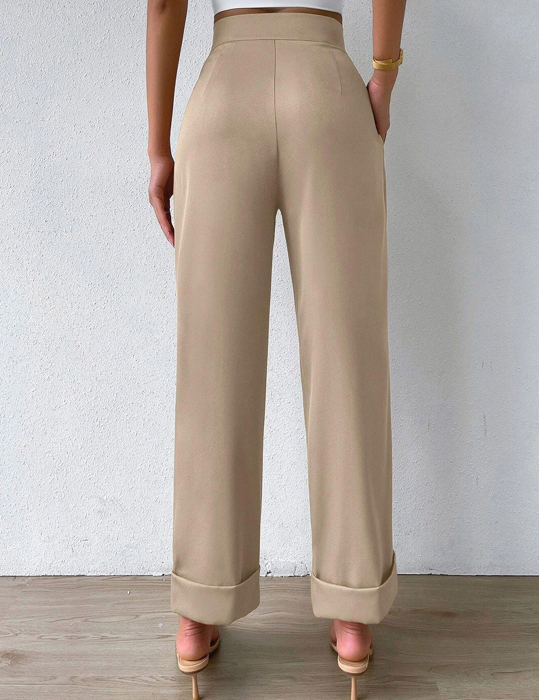 Kotty Women Beige Relaxed Straight Fit High-Rise Easy Wash Pleated Trousers