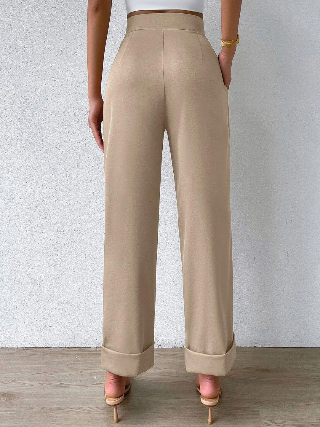 Kotty Women Beige Relaxed Straight Fit High-Rise Easy Wash Pleated Trousers