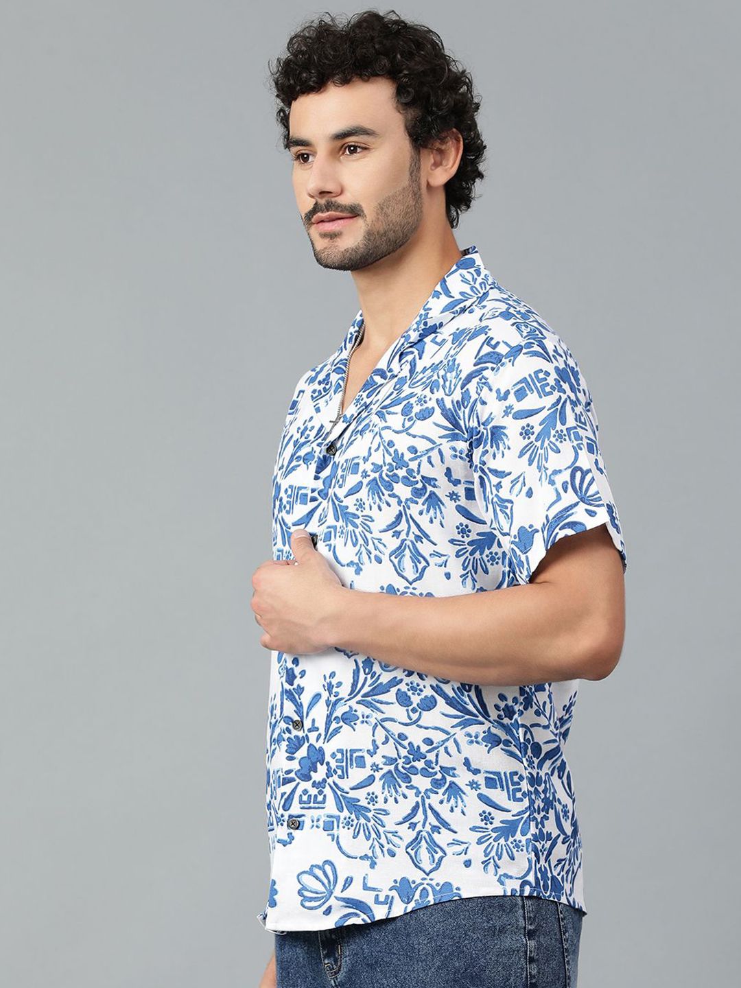 Kotty Men Cuban Collar Floral Printed Casual Shirt