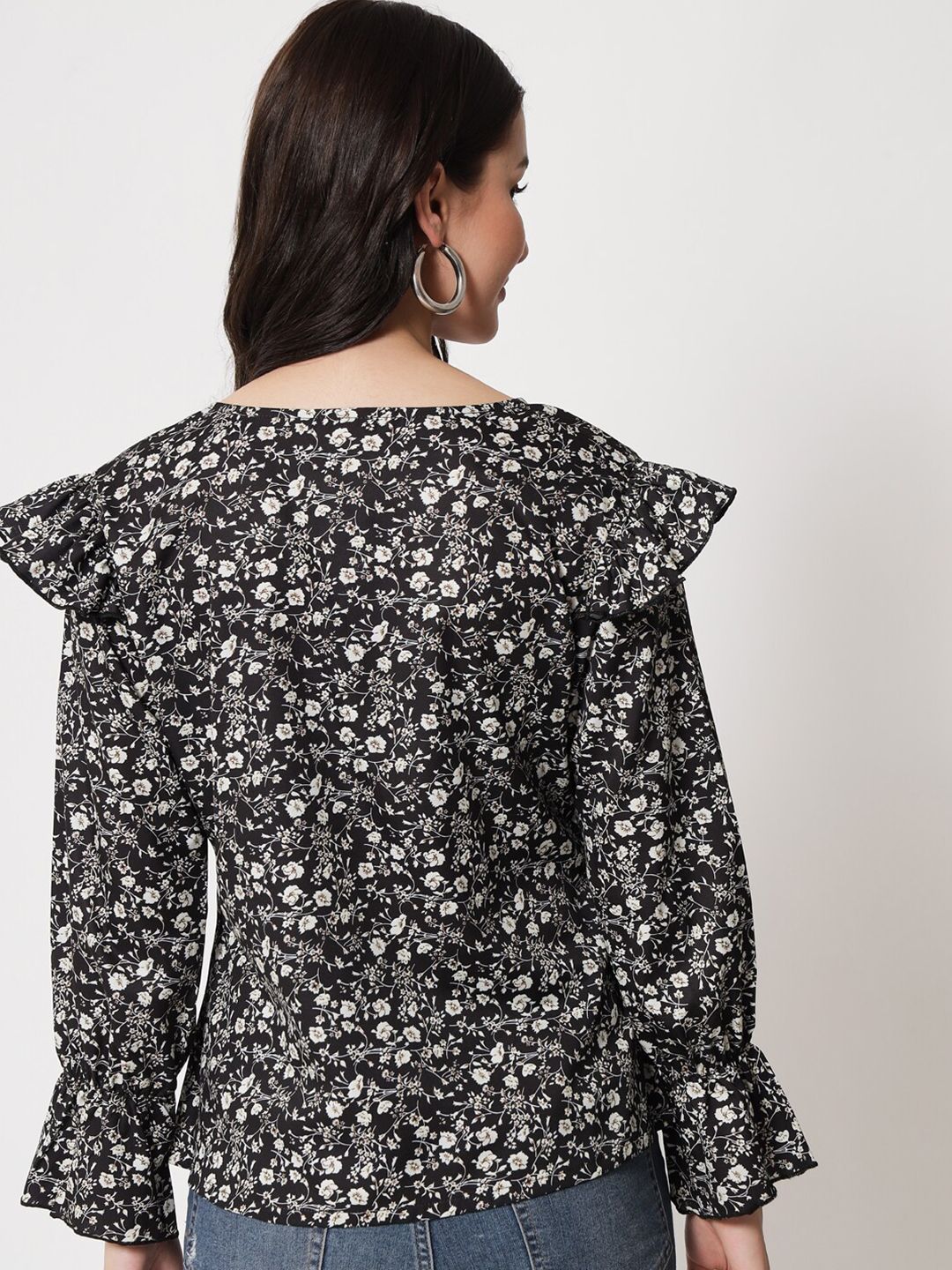 Kotty Floral Print Bell Sleeve Ruffles Crepe Top