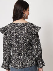 Kotty Floral Print Bell Sleeve Ruffles Crepe Top