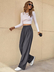 Kotty Grey Women Relaxed Straight Leg High-Rise Easy Wash Pleated Parallel Trousers