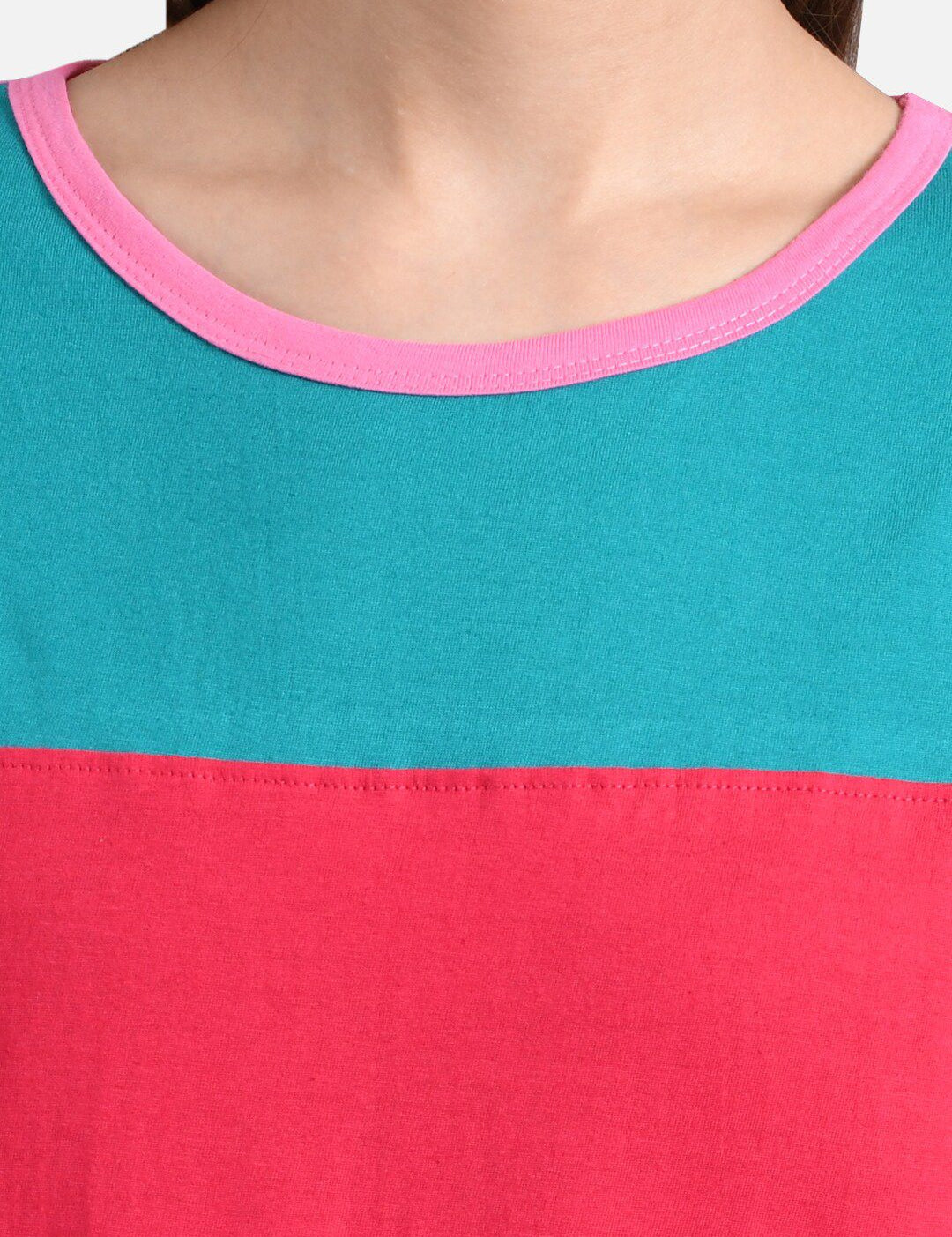 Kotty Women Pink & Green Colourblocked Round Neck T-shirt