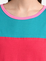 Kotty Women Pink & Green Colourblocked Round Neck T-shirt