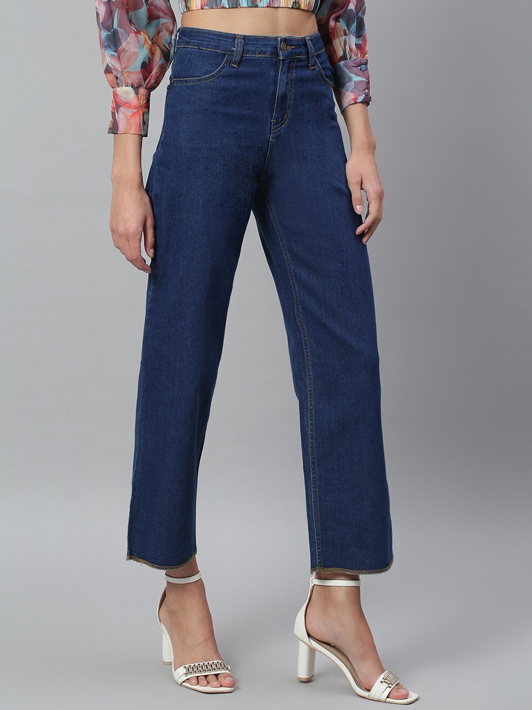 Kotty Women Blue Solid Cotton High Rise Crop Flared Jeans