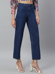 Kotty Women Blue Solid Cotton High Rise Crop Flared Jeans