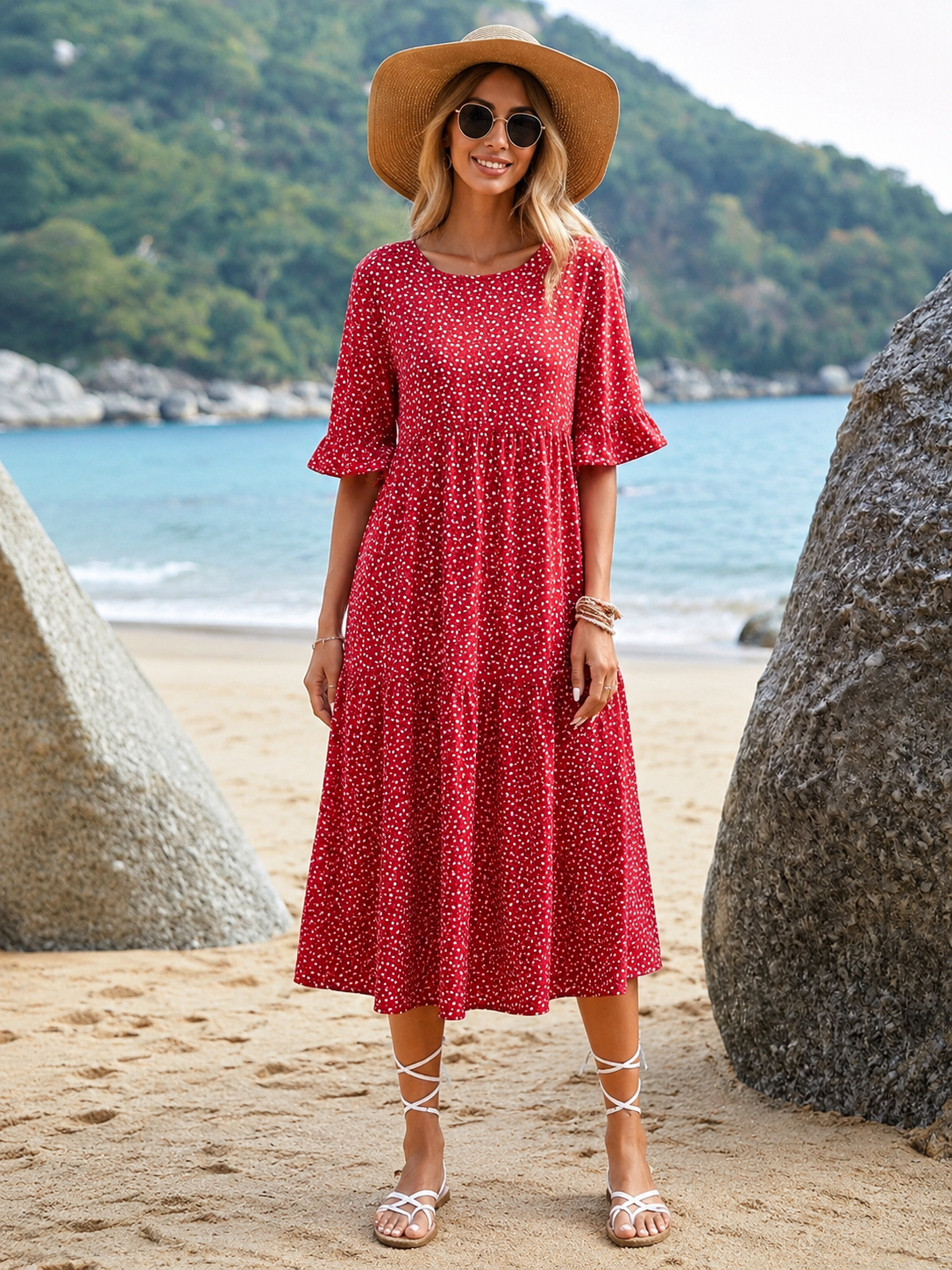 Kotty Women's Red Polka Dot Printed Midi Beach Dress