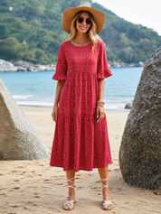 Kotty Women's Red Polka Dot Printed Midi Beach Dress