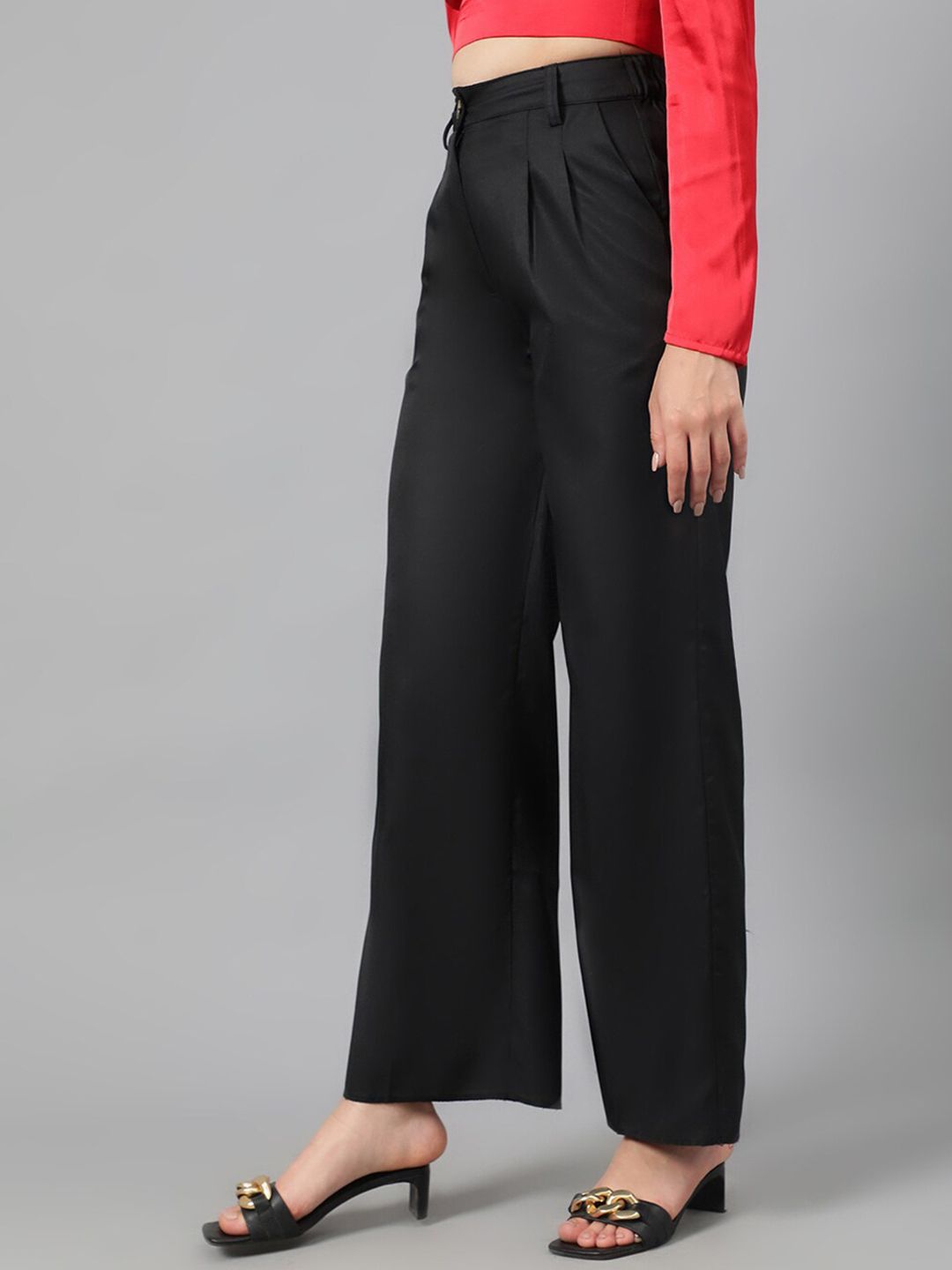 Kotty Women Black Relaxed Straight Leg Fit High-Rise Easy Wash Parallel Trousers