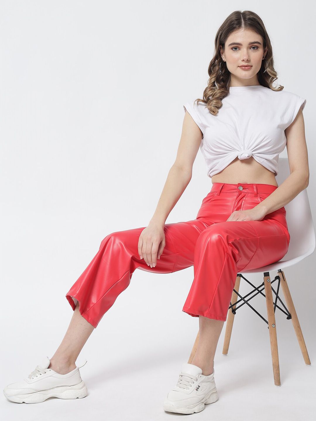 Kotty Women Red Relaxed Straight Fit Faux Leather Trousers