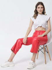 Kotty Women Red Relaxed Straight Fit Faux Leather Trousers
