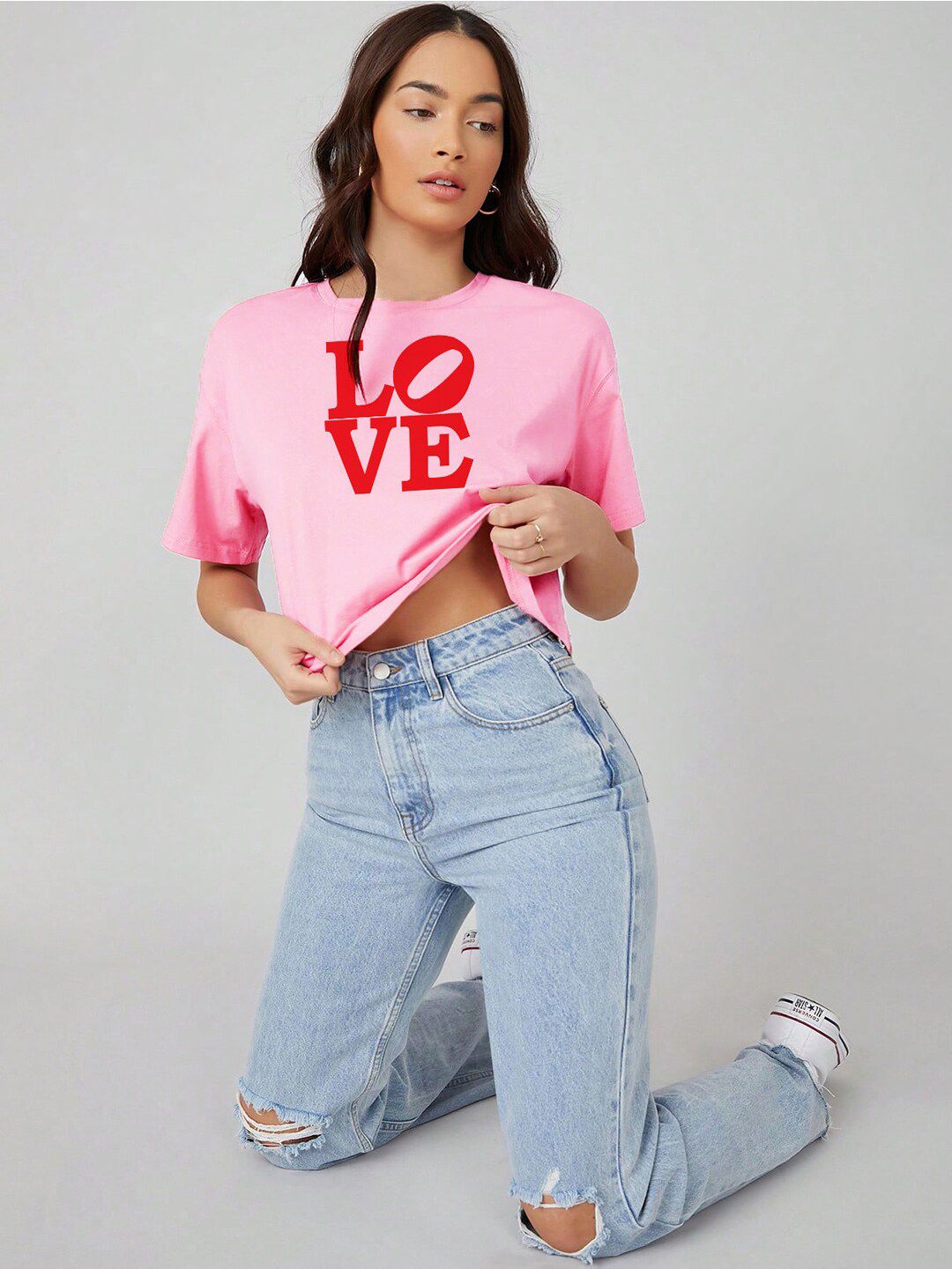Kotty Pink Typography Printed Drop-Shoulder Sleeves Cotton Oversized Crop T-shirt