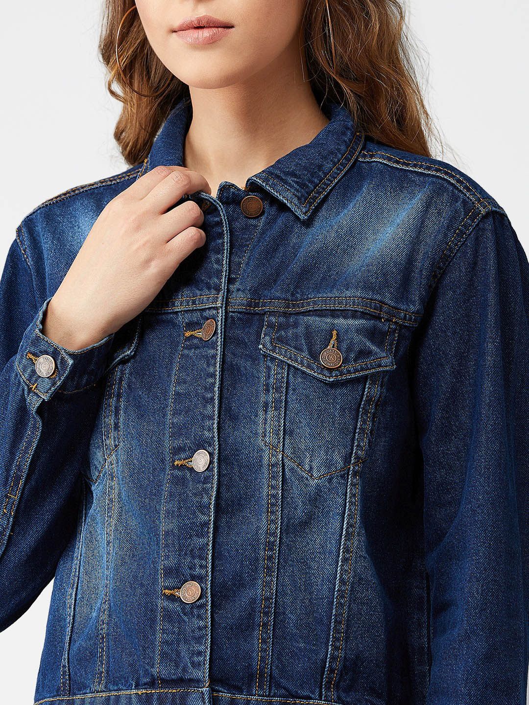 Kotty Women Navy Blue Solid Denim Jacket