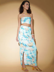 Kotty Blue Printed Strapless Top With Skirt