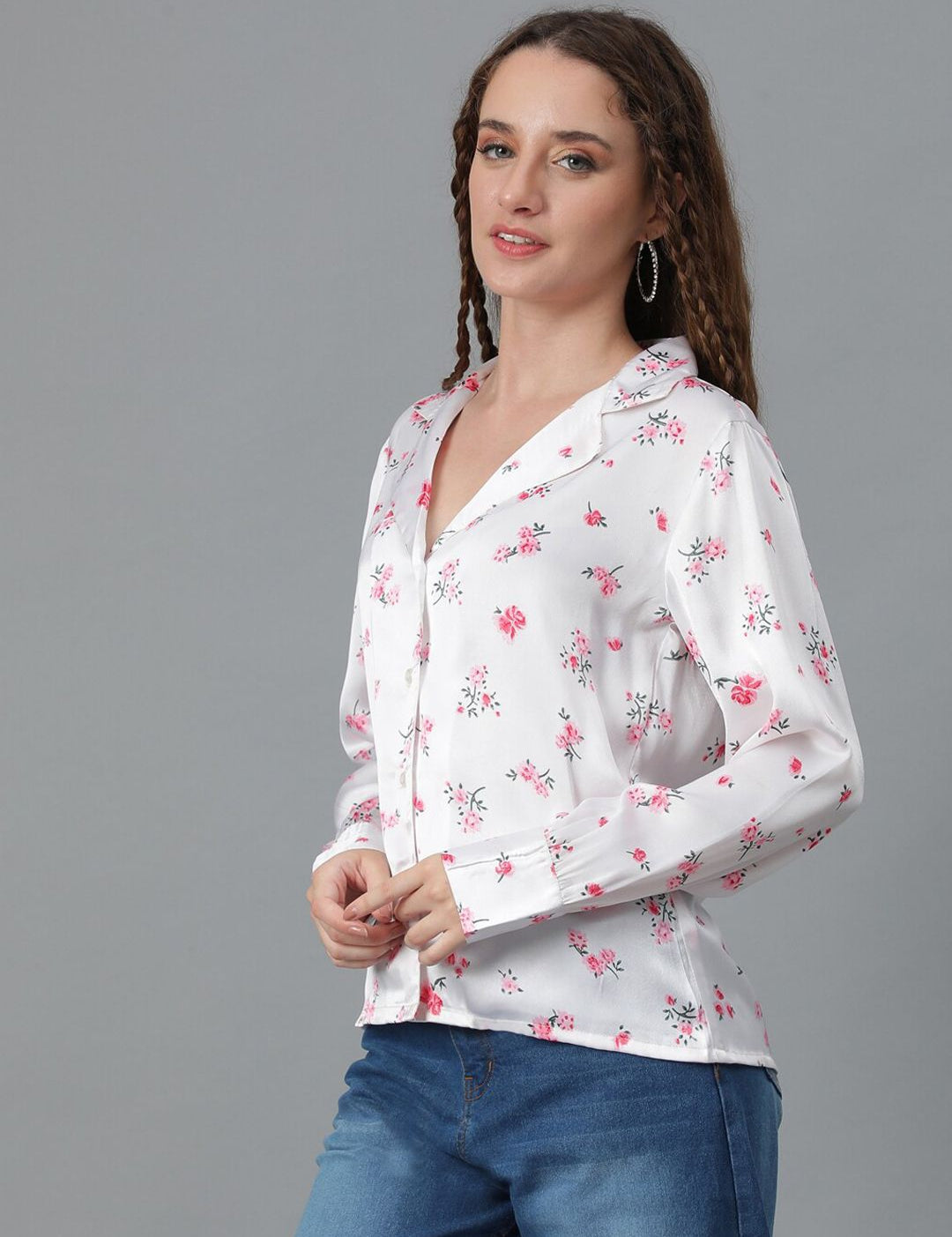 Kotty White & Pink Relaxed Floral Printed Cuban Collar Satin Casual Shirt