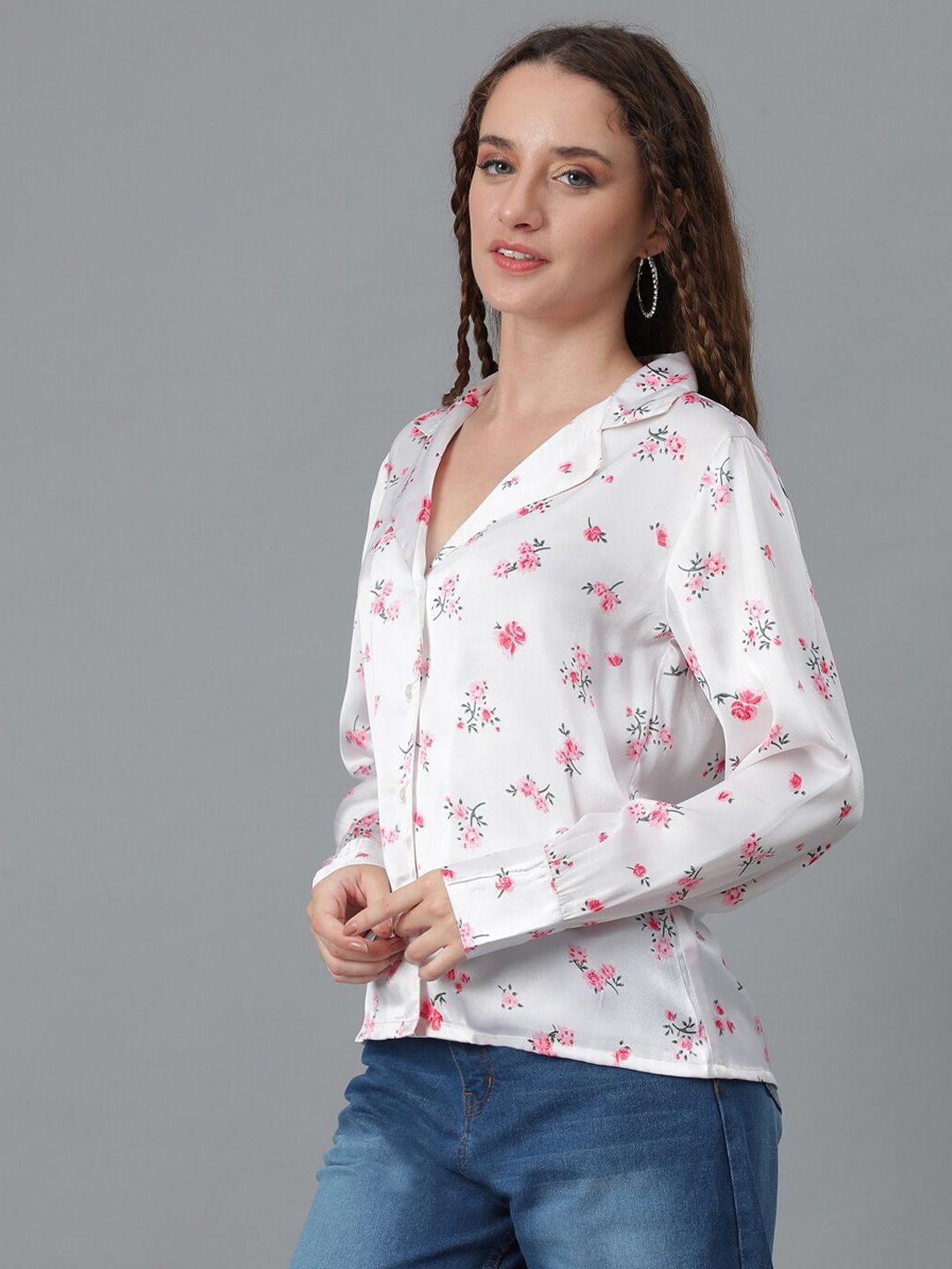 Kotty White & Pink Relaxed Floral Printed Cuban Collar Satin Casual Shirt