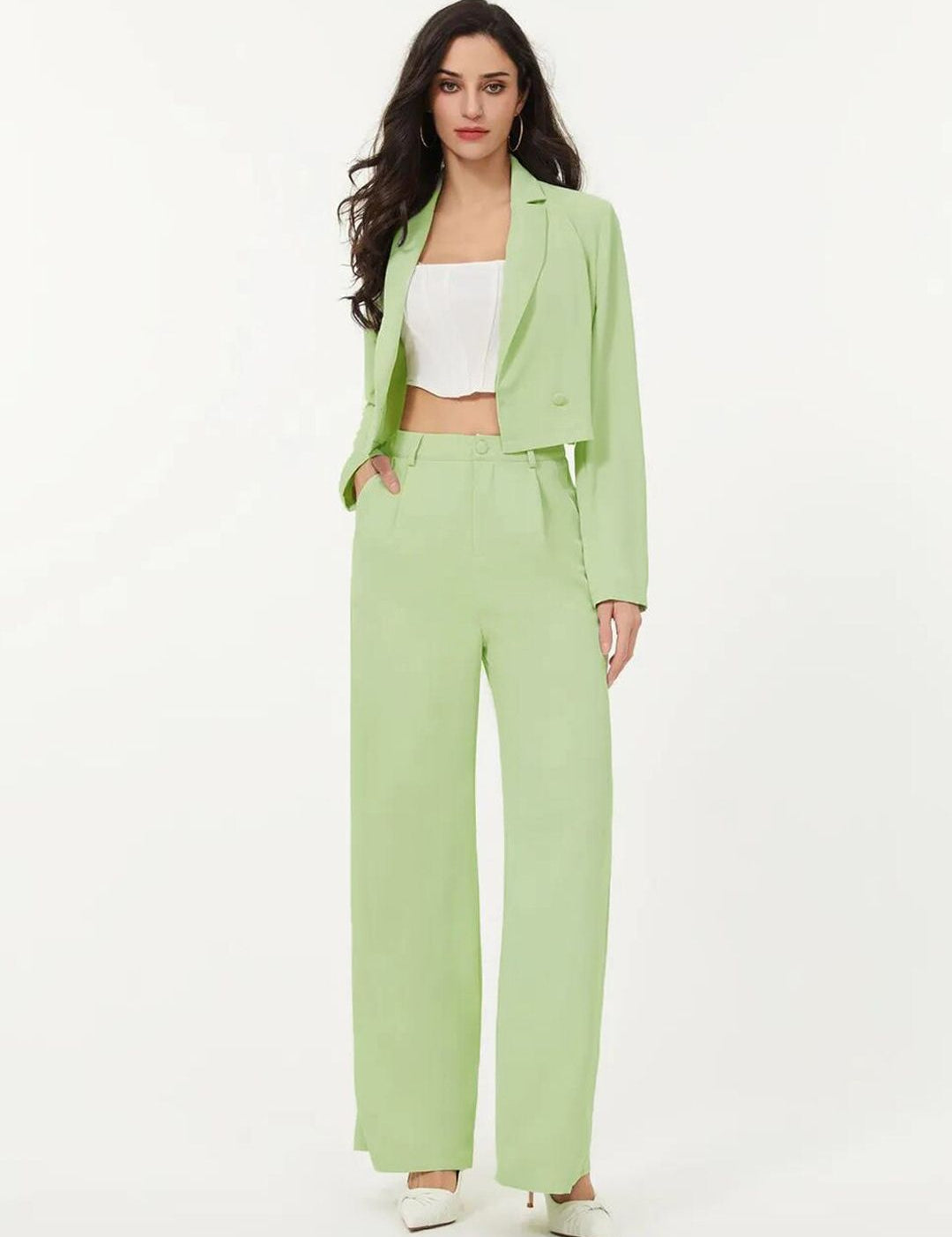 KOTTY BIZwear Women Solid Green Shirt Collar Blazer & Flared Trouser Co-Ords