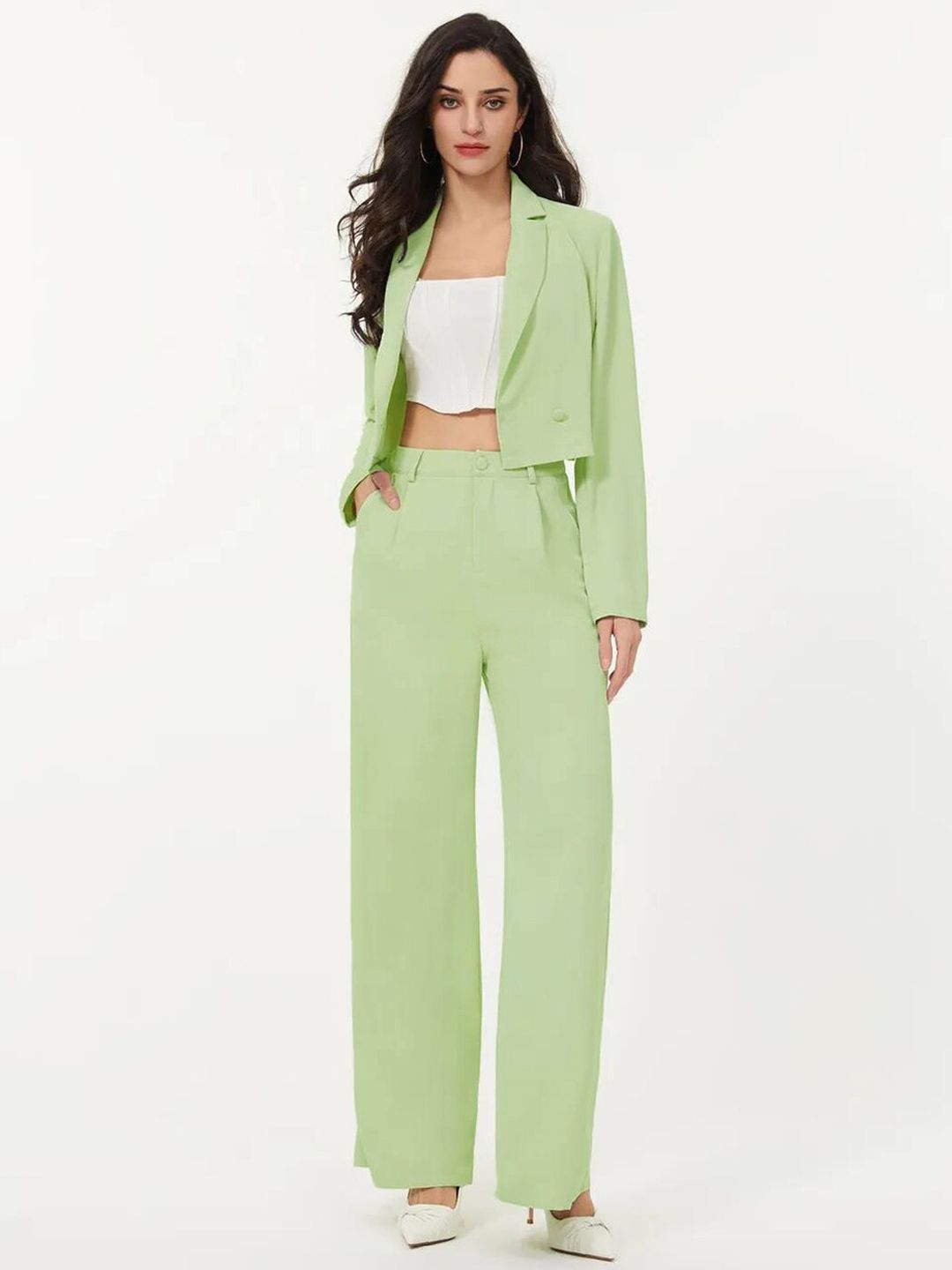 KOTTY BIZwear Women Solid Green Shirt Collar Blazer & Flared Trouser Co-Ords