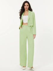 KOTTY BIZwear Women Solid Green Shirt Collar Blazer & Flared Trouser Co-Ords