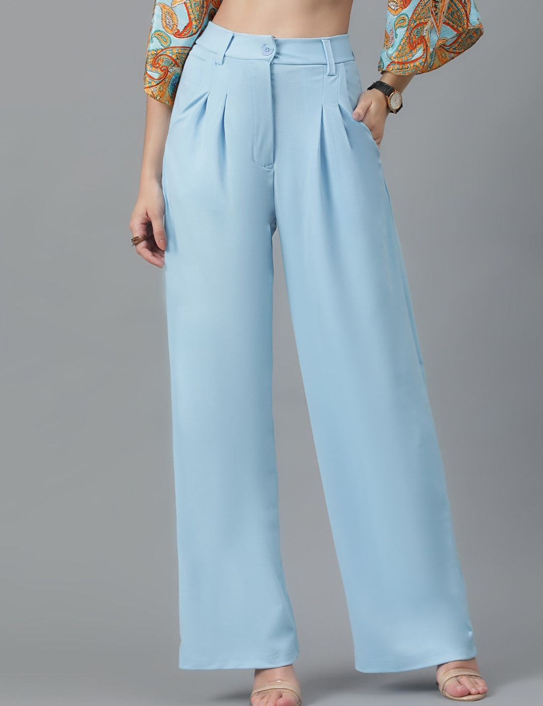 KOTTY BIZwear Women Blue Relaxed Straight Leg High-Rise Easy Wash Parallel Trousers